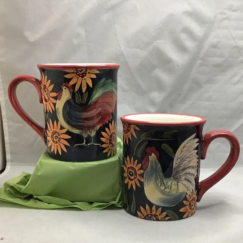 Certified international, Susan Winget to roosters, large coffee mugs