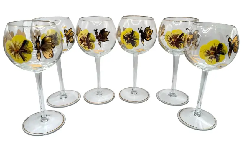 Set of 6 Vintage Hand Painted Wine Glass Romanian Crystal Pansy Floral Butterfly