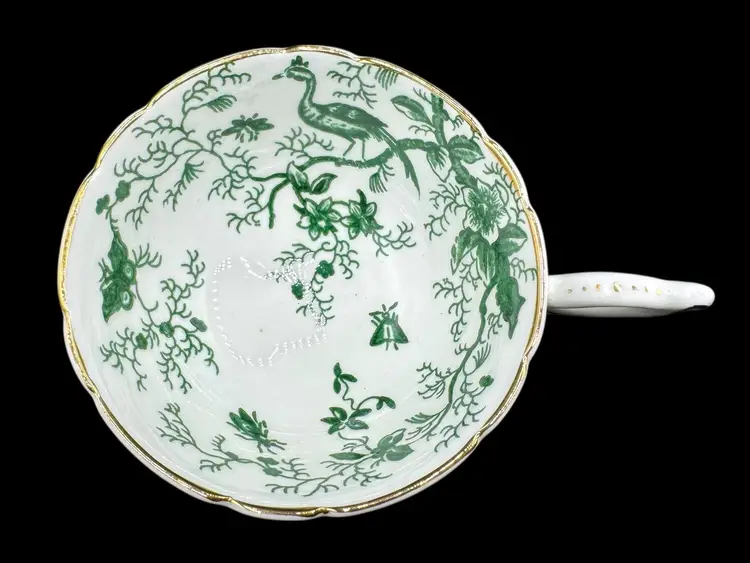 Vintage Coalport Cairo Footed Teacup Saucer Green White Gold Rim Bird Bone China