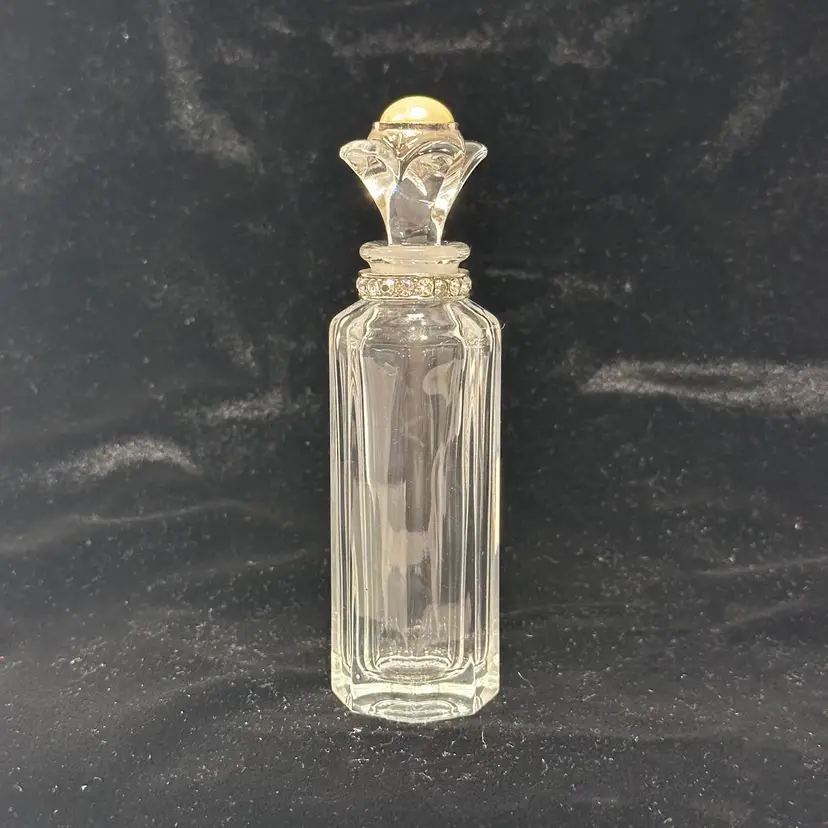 #1446 Vintage Czech Glass, Clear Crystal Glass Perfume Bottle with Faux Pearl Top With Rhinestones Collar