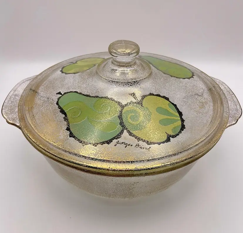 George Briard, Fire King, 2 Qt, 2 pc. Glass Casserole Dish with Green Apples & Pears, Gold Accents. Made in USA.
