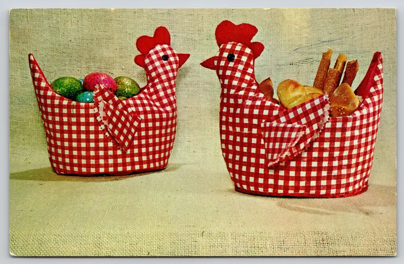 Postcard Checker-Chick Cozy Chicken Art Bird with Fruit and Bread, Picnic