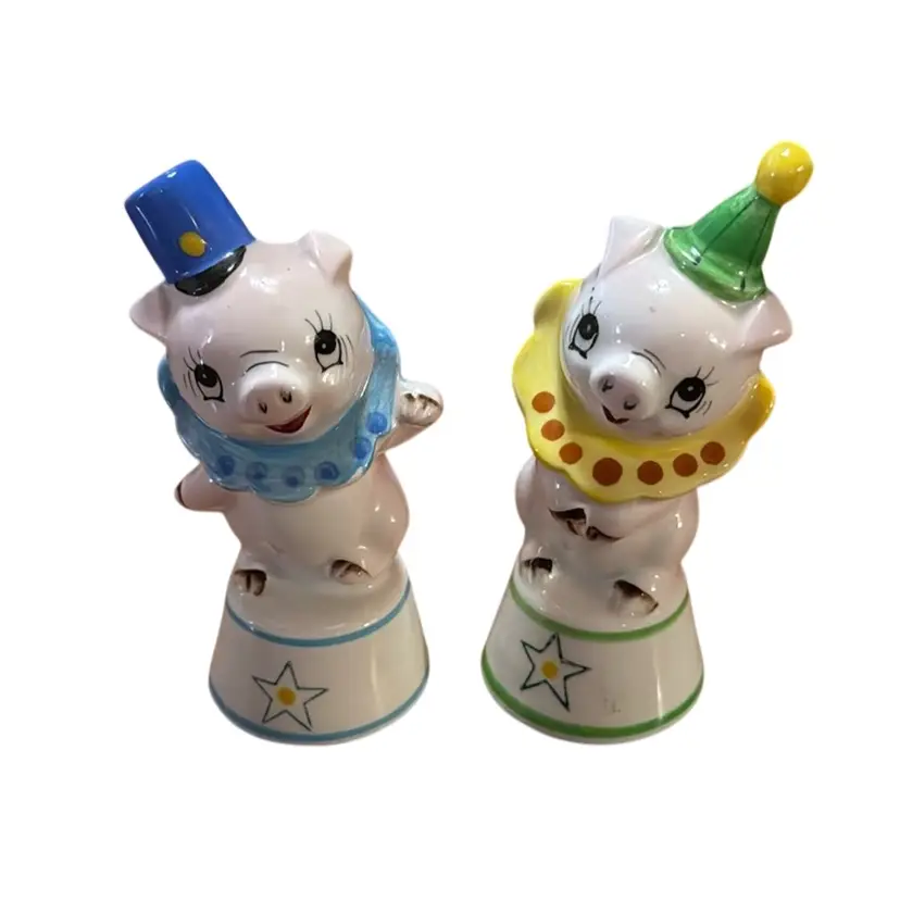 Vintage 1950s Pi Miyao Japan Anthropomorphic Circus Pigs Porcelain Salt & Pepper Shakers - 4”