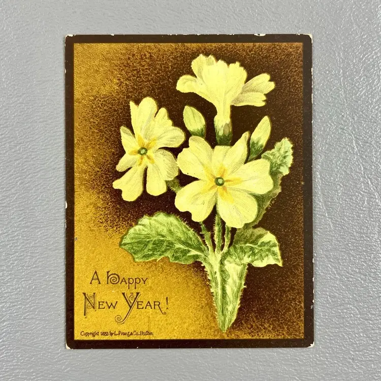 Victorian Greeting Card I Wish You A Happy New Year Yellow Primrose L. Prang & Co Copyright 1883