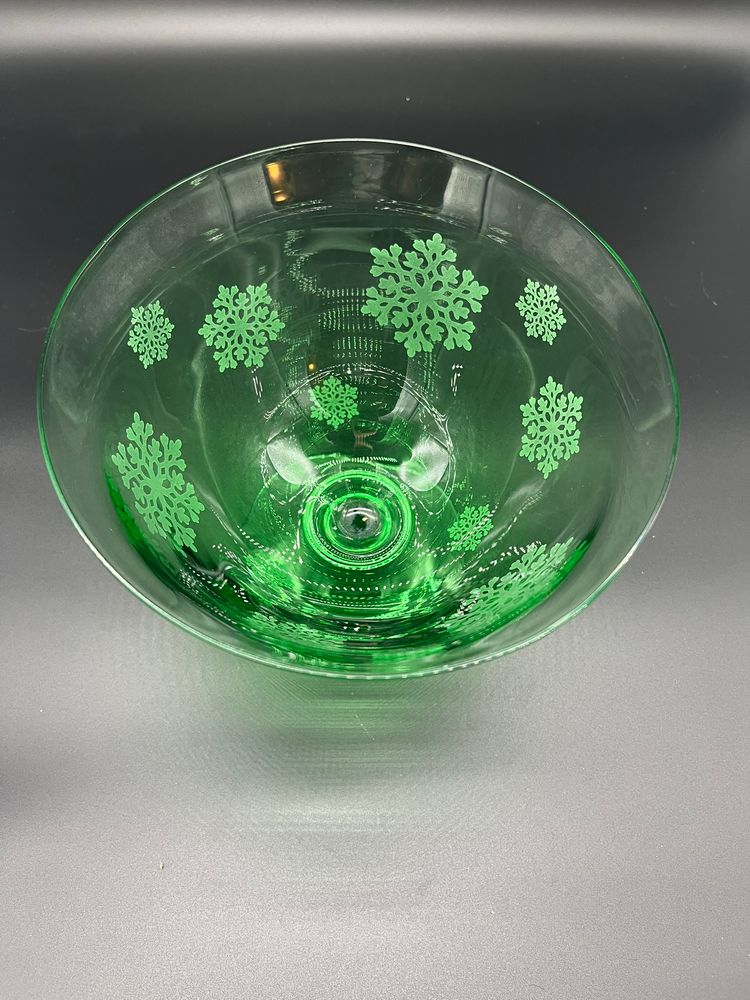 Vintage FTD Green Glass Footed Compote Candy Dish - Frosted Snowflake Christmas