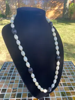 Vintage Black and White Oval Silk Bead Silver Tone Spacer Necklace 31"