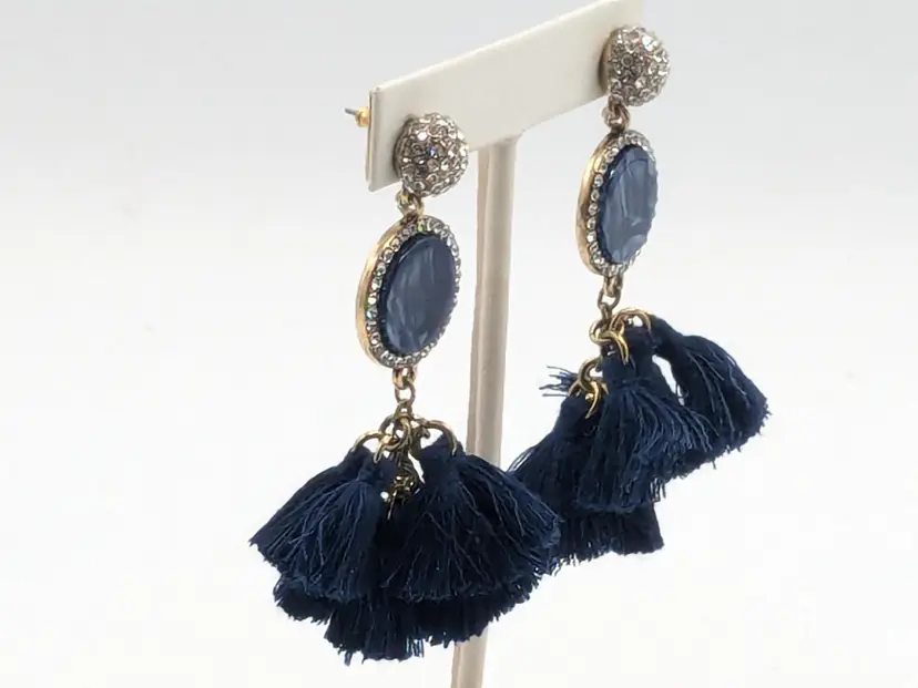 Blue Tassel Drop Earrings with Rhinestones Gold Tone
