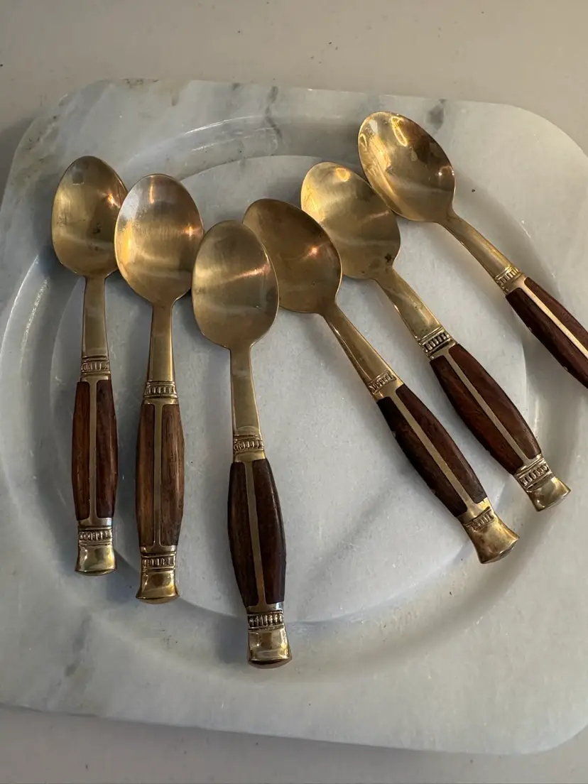 Vintage Thai Demitasse Spoon Set Of 6 Brass With Rosewood Or Teak Inlay