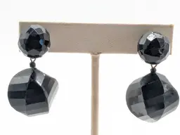 Vintage Castlecliff Gold Tone Black Faceted Glass Acrylic Dangle Clip On Earrings