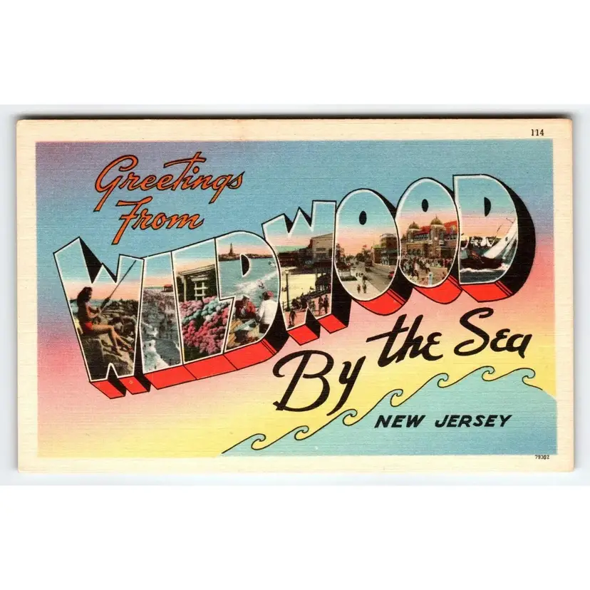 Wildwood By The Sea New Jersey Linen Large Big Letter Postcard Greetings From NJ