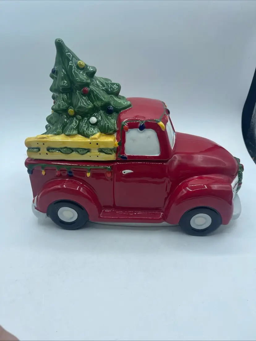 Blue Sky Clayworks Ceramic Red Pickup Truck Christmas Tree Cookie Jar 12”