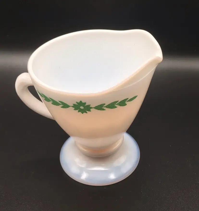 Vintage Milk Glass Creamer Green Floral Design