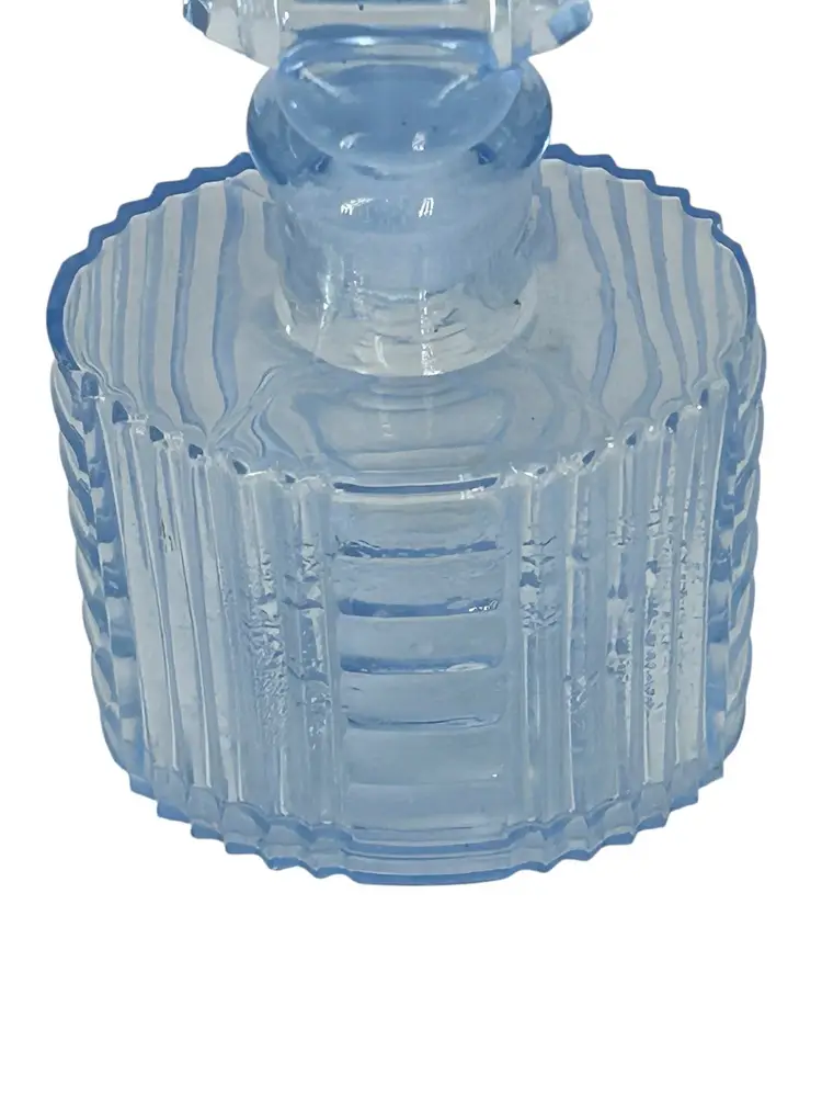 Vintage Art Deco Blue Glass Perfume Bottle with Stopper • Geometric Ribbed Vanity Bottle • Depression Glass Style