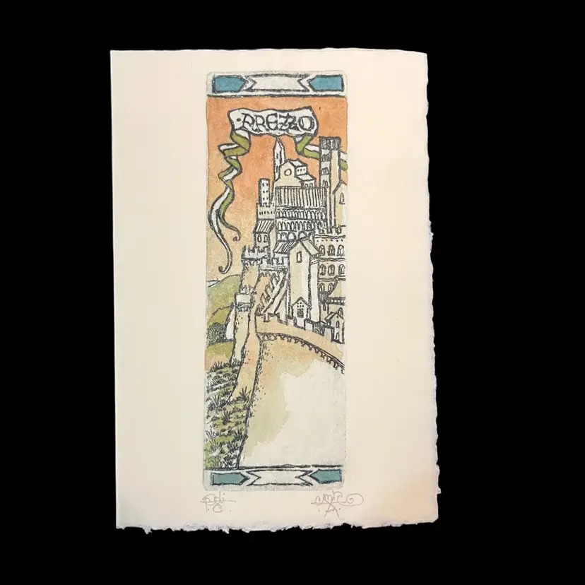 Handmade In Florence, Italy Signum Greeting Card, Signed Hand Etched And Painted Art Of Arezzo Italy, Italian Ephemera