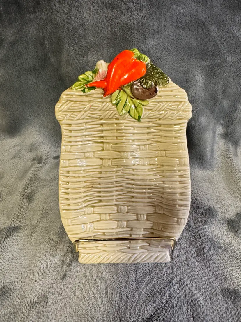 Vintage Lefton Spoon Rest Basket Weave Vegetable Ceramic Carrot Pepper Garlic