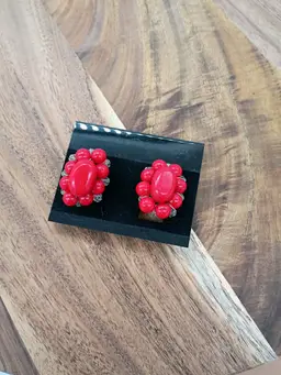 Vintage West Germany Post WWII Cherry Bakelite and Clear Acrylic Bead Oval Shaped Cluster Clip-On Earrings