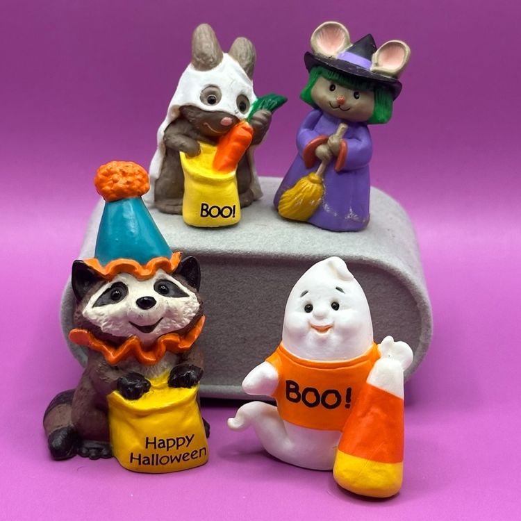 Hallmark Merry Miniatures Halloween Trick-Or-Treat  Raccoon Bunny Rabbit Mouse Witch Ghost  Vintage