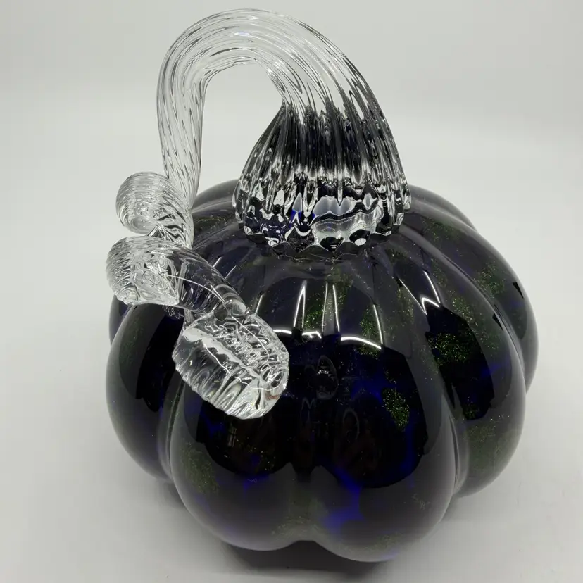 Cobalt Blue Blown Art Glass Blue Green Speckled Pumpkin Swirl Ribbon Clear Stem