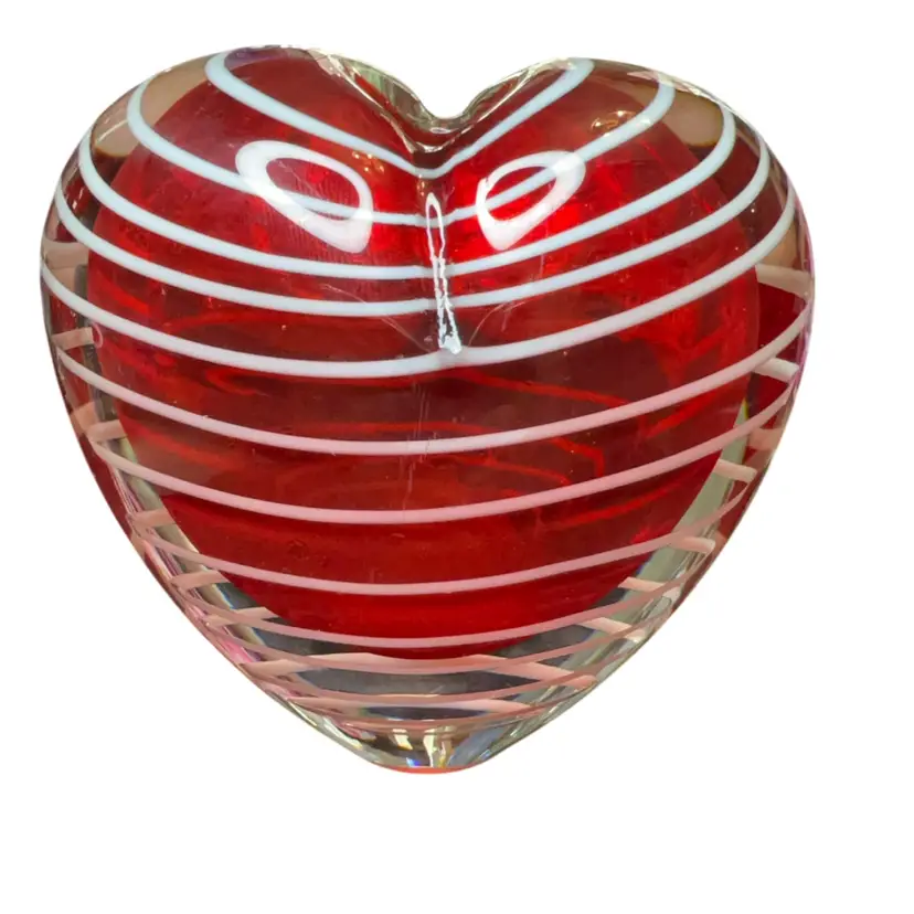 Art Glass Heart Open Paperweight Hand Blown Red White Swirl Valentines Day Unsigned