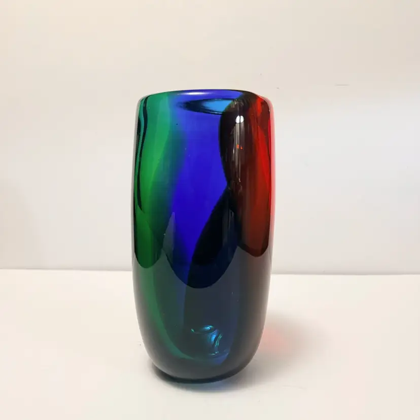 Hand Blown Studio Art Glass Vase in Multicolored Rainbow Abstract