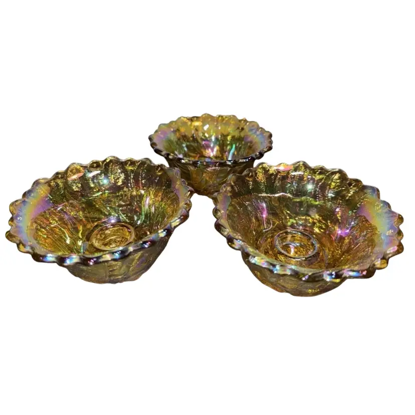 Carnival Glass Indiana Glass "Wild Rose" Candle Holders Marigold Luster Set Of 3