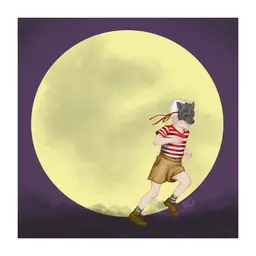 MADE BY ME: 8x8 Archival Print Of My Digital Artwork- “Child Werewolf” Child, Werewolf mask and moon. Halloween Or Every Day Wall Art. Great For Gallery Wall. Created On My iPad Using Procreate - Not AI.