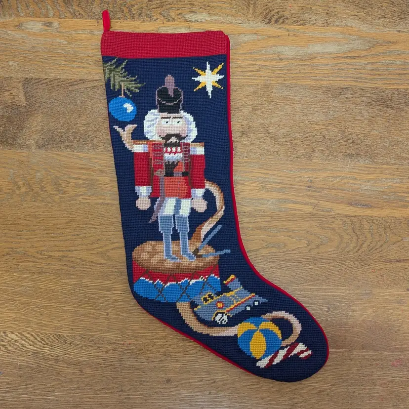 Vintage Wool Needlepoint Christmas Stocking Nutcracker Toys Lined 21 x 11.5”