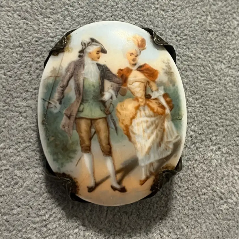 Czechoslovakian Porcelain Filigree Brass Brooch Victorian Couple Antique