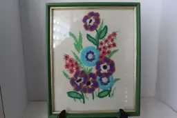Vintage 70's Crewel Embroidered Flowers Framed 8.75 X 11.75 Boho Wall Art