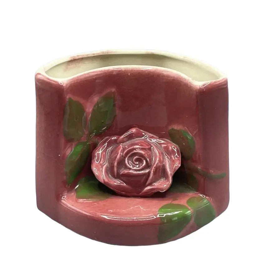 Vintage 1950s Corner Wall Pocket Vase Pink Red Rose Curve Ceramic Flowers Cottage