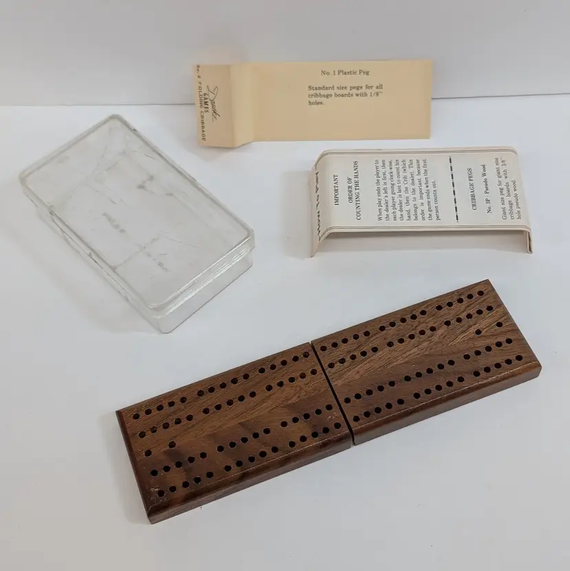 Vintage Drueke Cribbage Board Walnut Wood Folding Travel Pocket Instructions Pegs