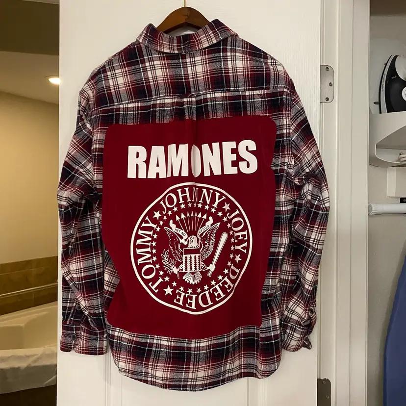 Upcycled The Ramones Band Graphic Panel Mens Flannel Shirt Shacket L Red Plaid