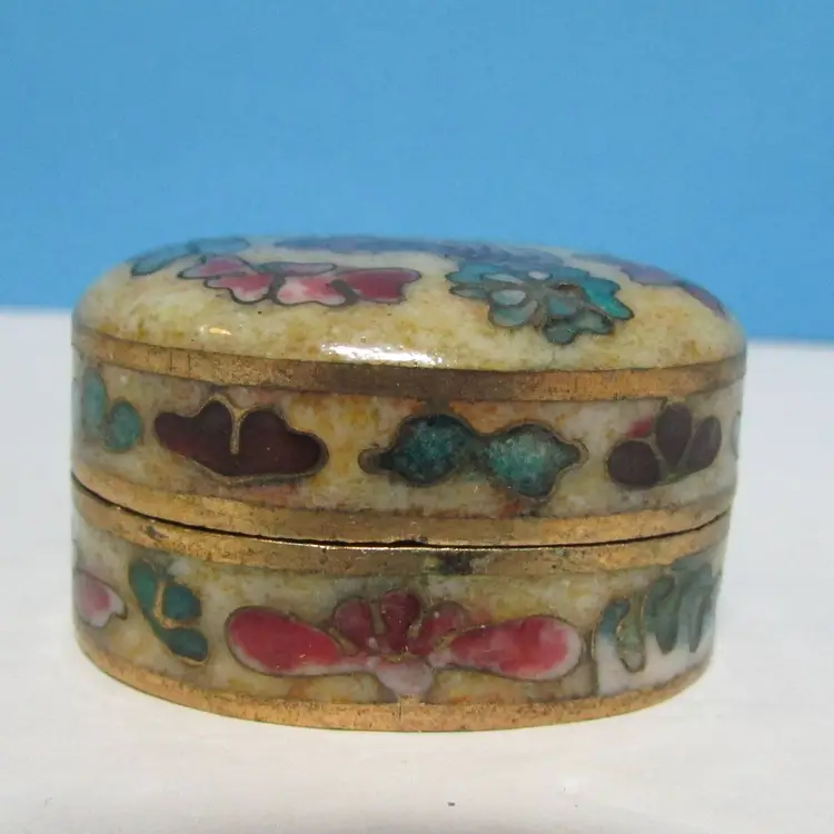 vintage Cloisonne enamel oval shape pill miniature trinket box floral design