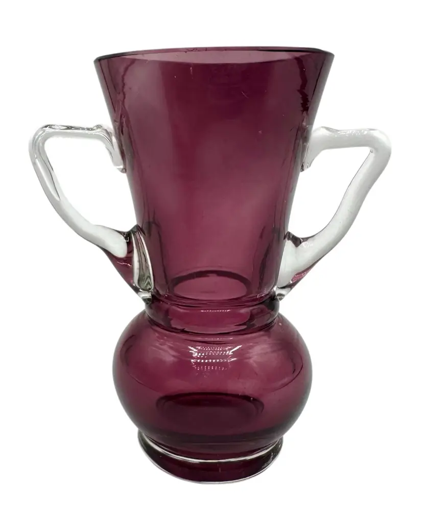 Vintage Czech Art Glass Mini Vase Applied Handles Amethyst Purple Clear 3.25”
