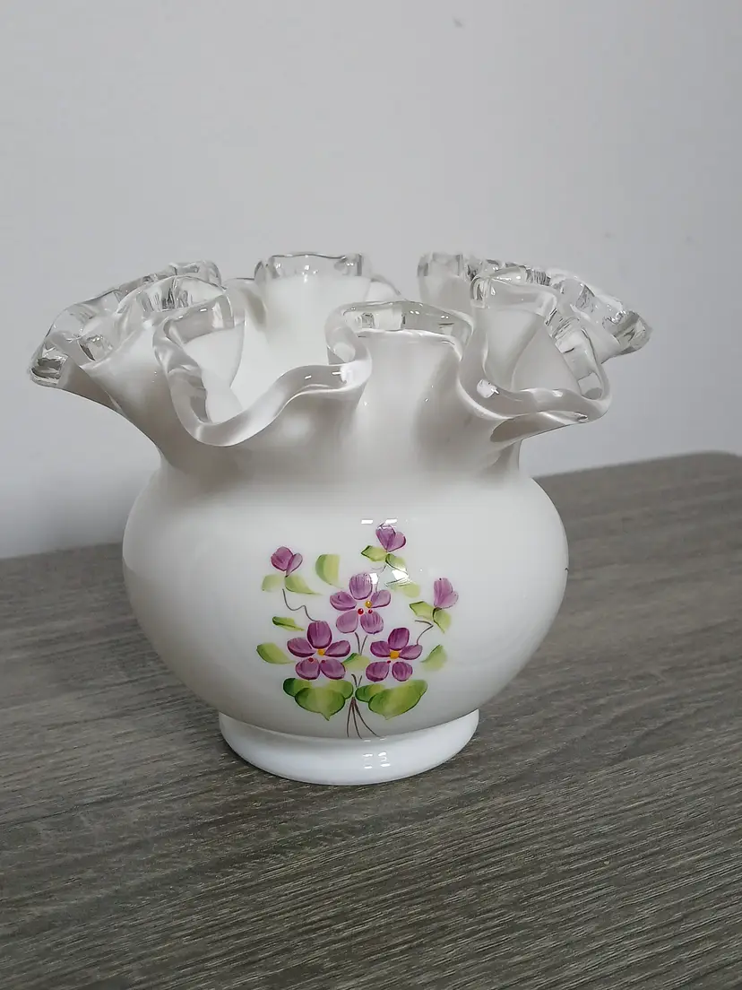 Vintage FENTON Kay Cunningham "Violets in the Snow" Silver Crest Rose Bowl Vase