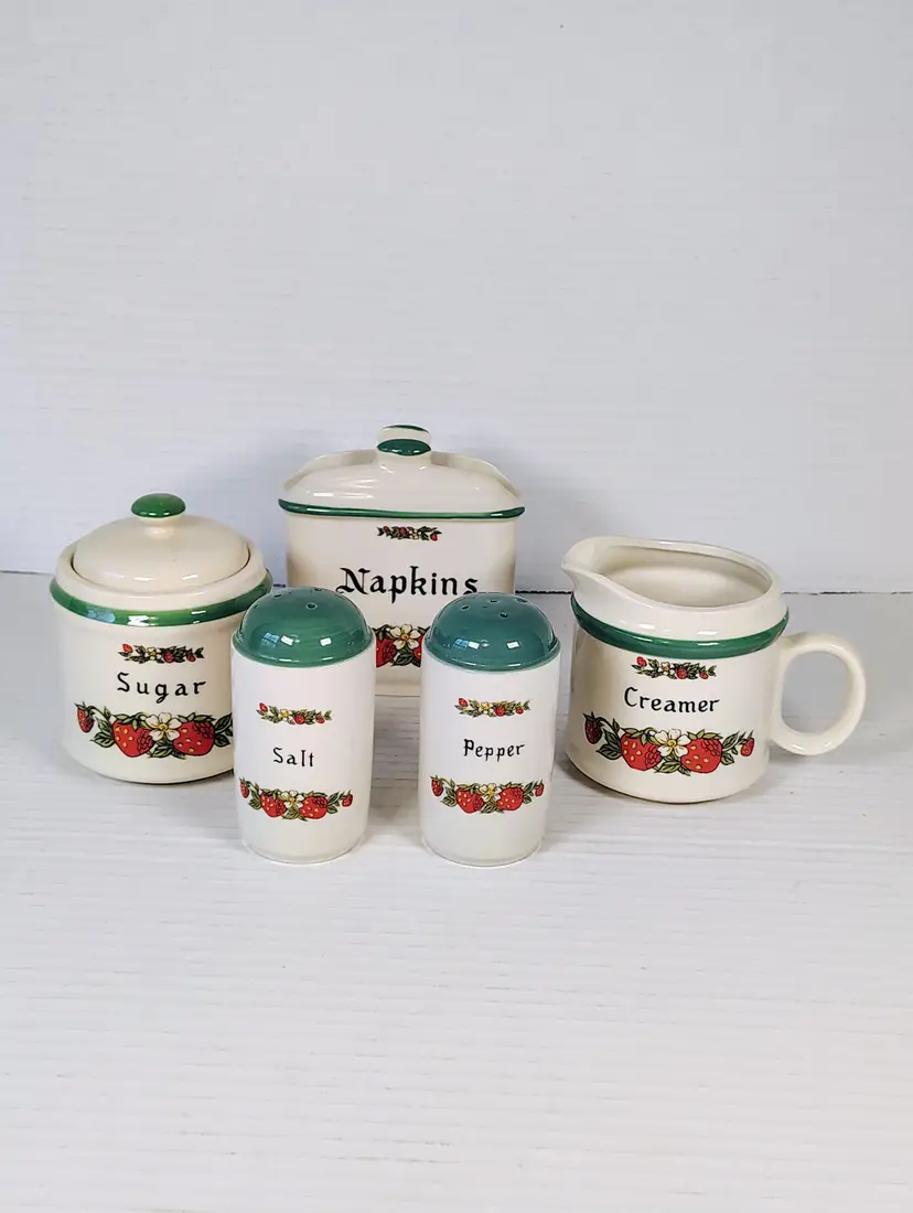 Vintage Strawberry Hostess Set Salt and Pepper Sugar Creamer Napkin holder