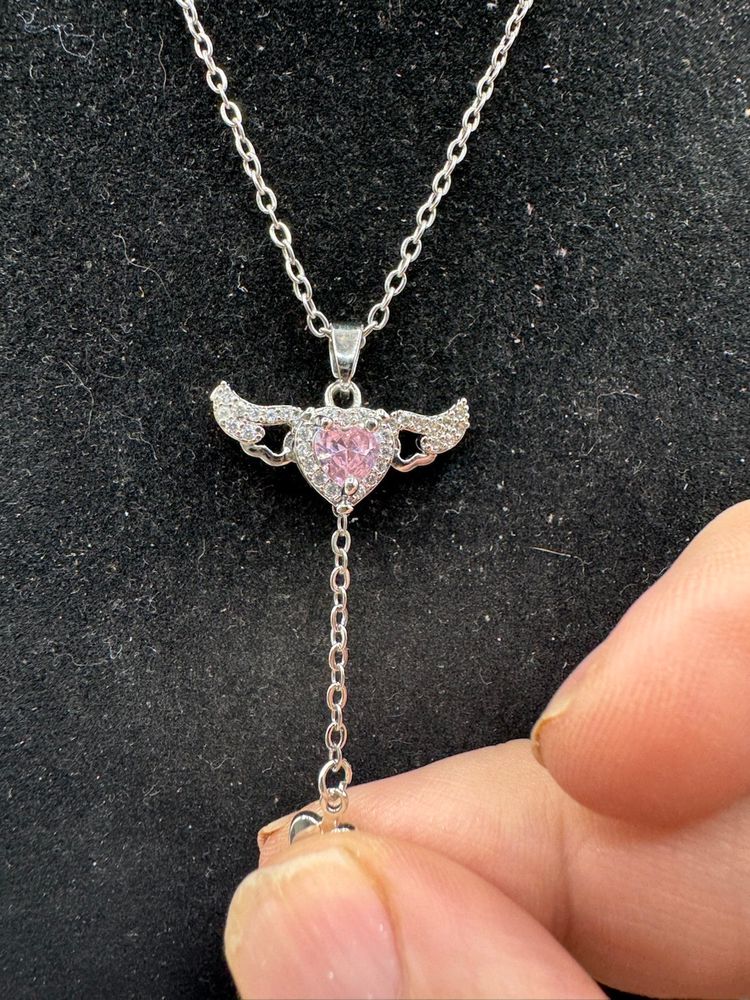 Pull Chain Articulated Angel Wings Pink Rhinestone Necklace 16” With 2” Extender