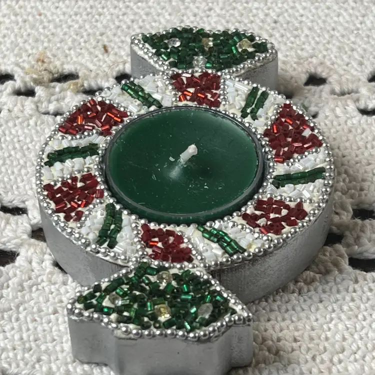 Vintage Pier 1 Nos Beaded Peppermint, Candy Shape, Tea Light Holder 4.25" X 3" X .5"
