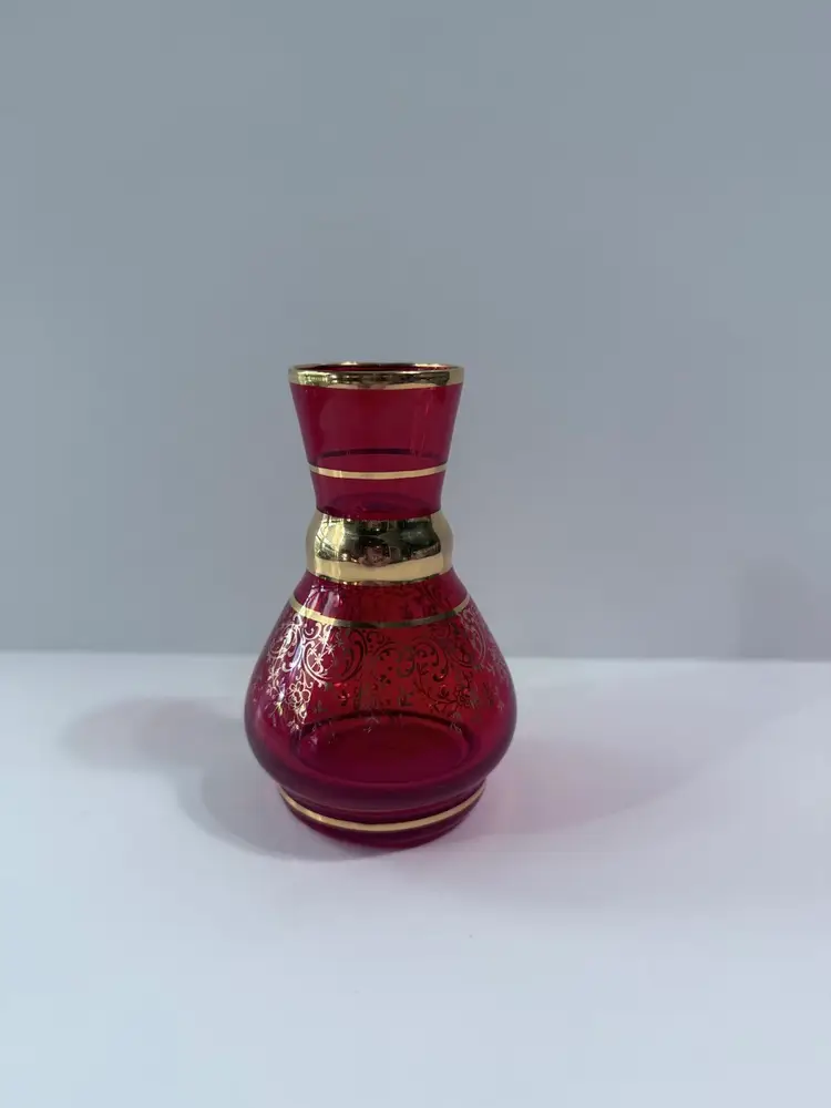 Vintage Bud Vase ~ Red Glass with Gold Bands and Filigree Design- Made in Italy