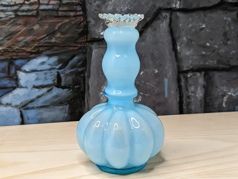 Vintage Fenton Silver Crest Blue Glass Melon Vanity Perfume Bottle Lady Berkshire 7in No Stopper Vase 40s