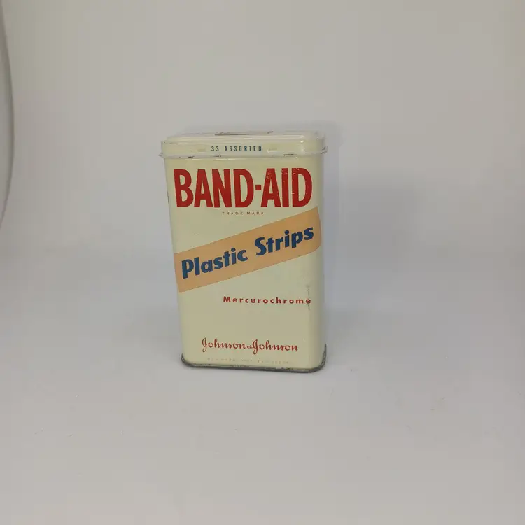 Vintage Johnson & Johnson Band-Aid Metal Box Tin Plastic Strips Mercurochrome Circa 1960's