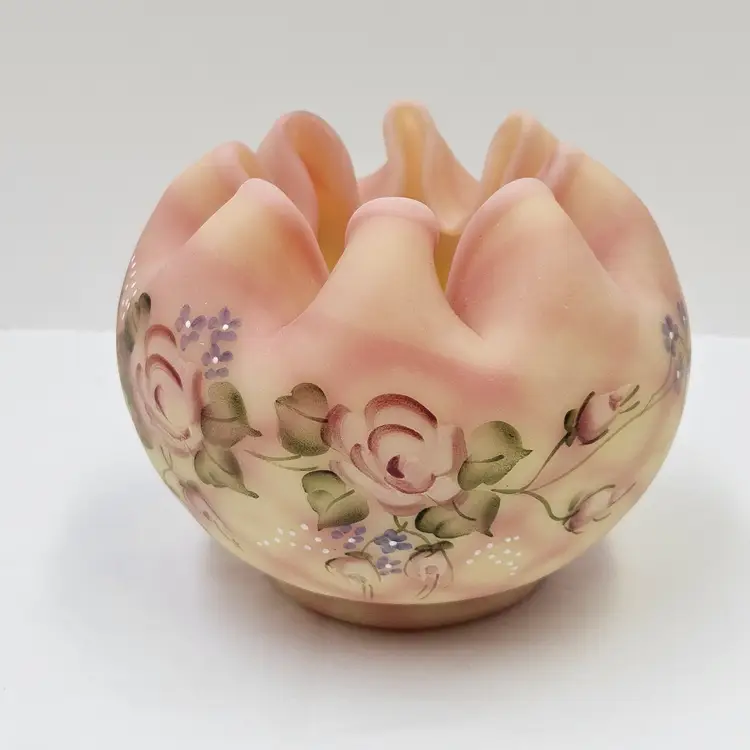 Fenton Glowy Burmese Glass Rose Bowl Vase Hand Painted Signed