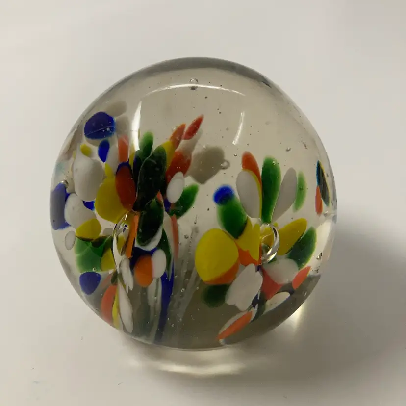 Vintage Colorful Floral Confetti Glass Paperweight! 2” Tall x 2 1/2” Wide! READ! Tiny Chip And Minor Scuffing As Seen In Close Up Pictures! Buff Worthy!
