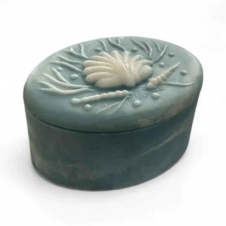Light Blue Oval Incolay Trinket Box With Shell Design