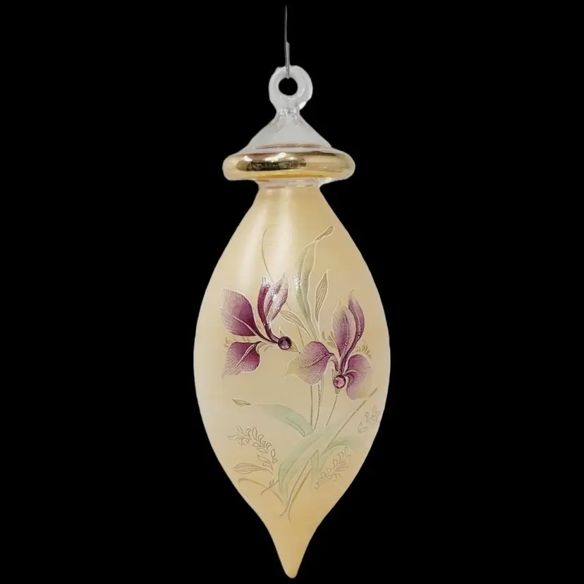 Vtg Frosted Blown Glass Ornament 22kt gold trim Rhinestones Hand Painted Floral
