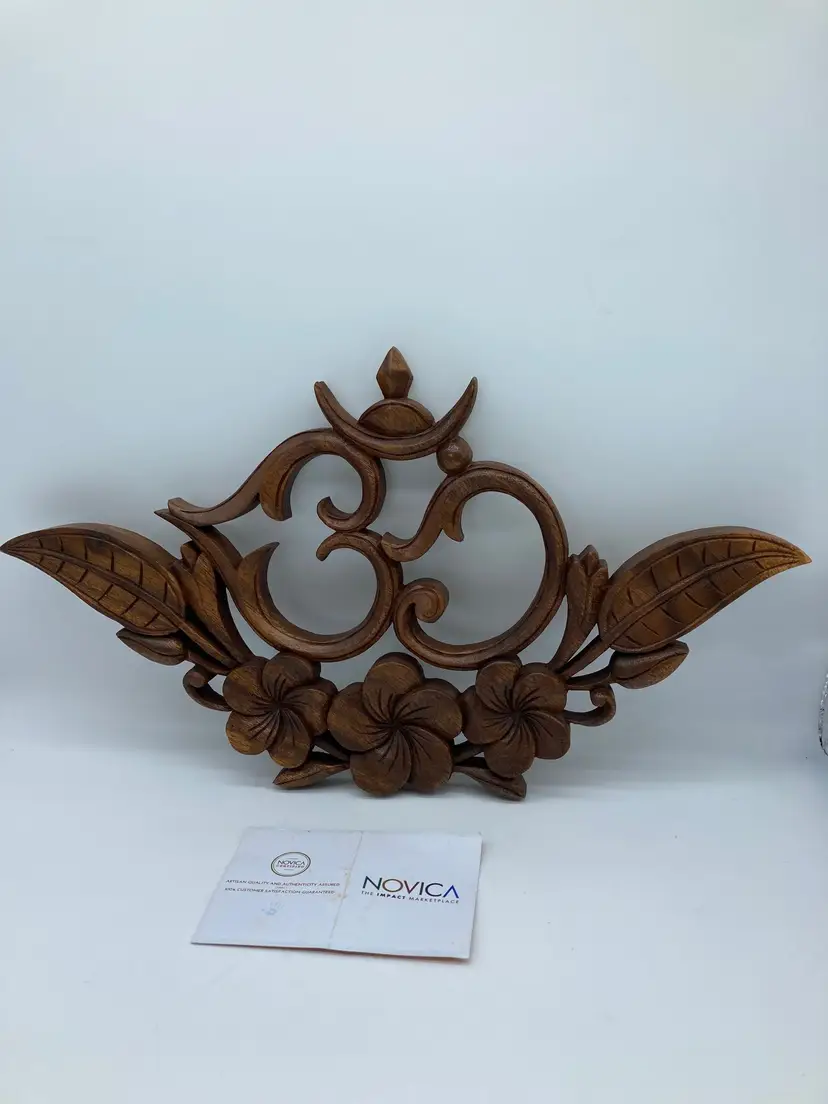 Novica 15" Wooden Hand Carved Wall Ohm Om Art Relief Panel Plaque Decor Floral