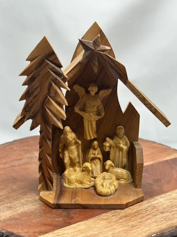 Vintage Olive Wood Nativity Mini Holiday Christmas Shelf Sitter Religious