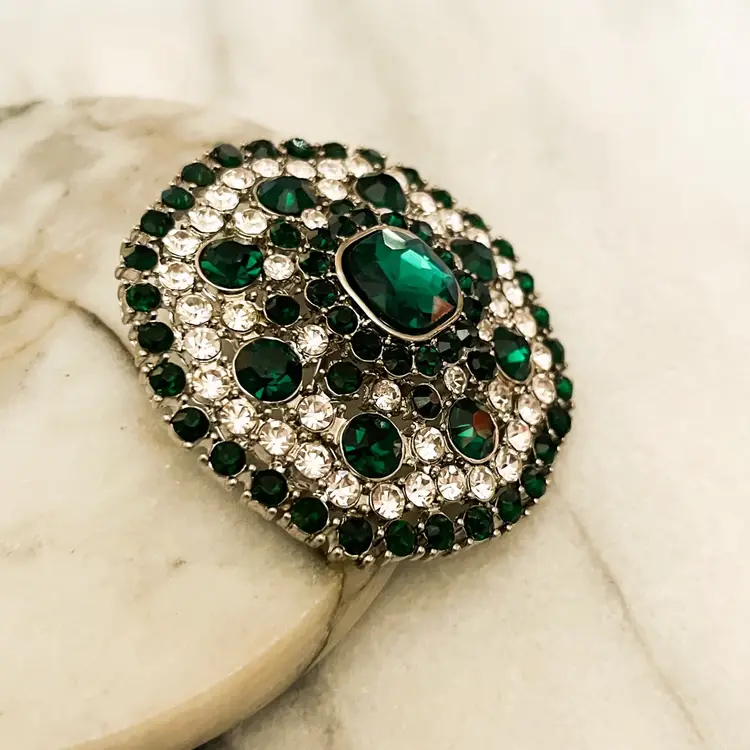 Vintage Monet Crystal Brooch Green Clear Rhinestone, Silver Toned Metal Signed