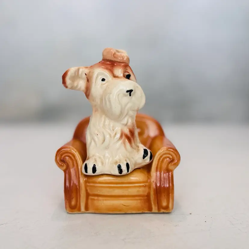 Vintage Ceramic Terrier Dog in Armchair Salt & Pepper Shakers – OKD – Made in Japan