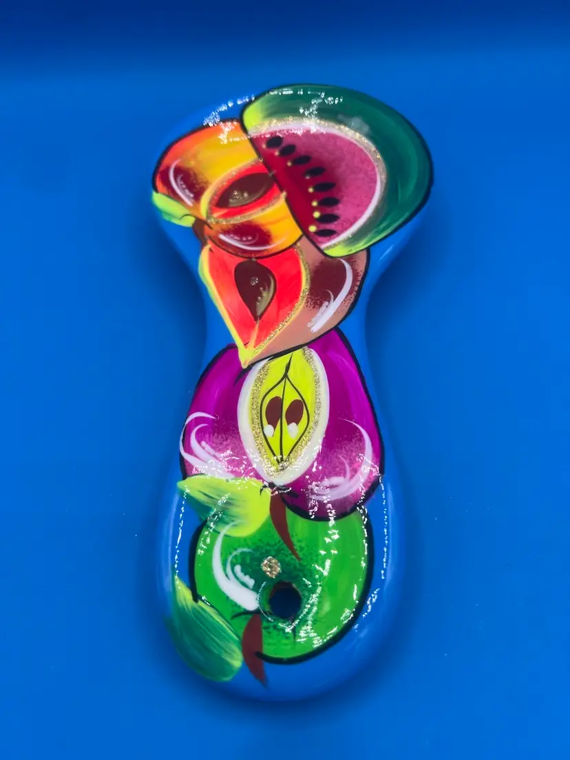 Talavera Pottery Spoon Rest W/ Fruit Motif & Glitter